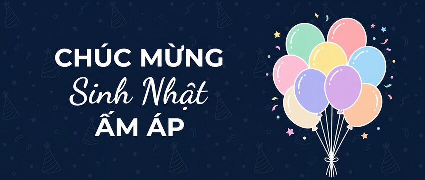 Vietnamese happy birthday greeting banner with colorful balloons and confetti on dark blue background, ch&uacute;c mừng sinh nhật ấm &aacute;p text celebration card, festive party poster template for birthday event