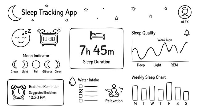 Hand-drawn sleep tracking app interface sketch with daily statistics, bedtime reminders, water intake, and weekly sleep quality charts