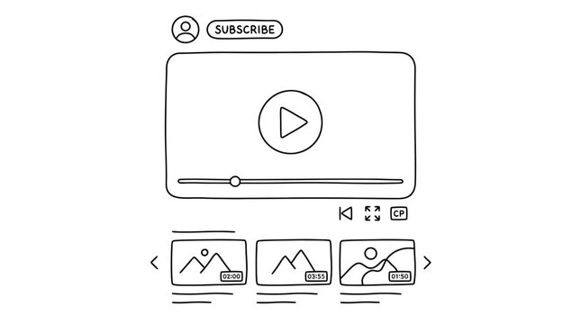 Hand drawn doodle video player website interface with video streaming elements and player controls