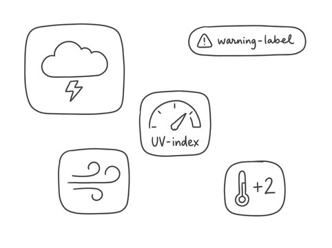Hand-drawn weather symbols including thunderstorm, wind, UV index, and temperature indicators