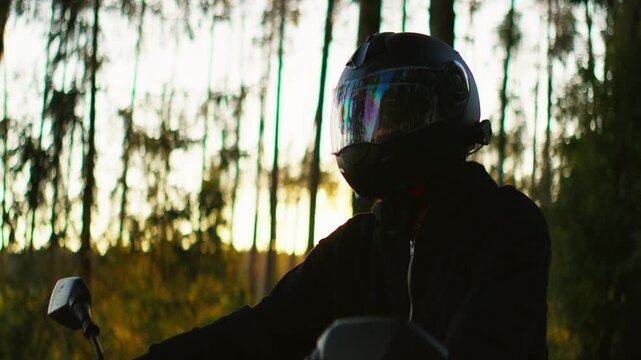 Motorcyclist in dark riding gear cruising through sunlit forest at golden hour, reflective helmet visor glowing against tall trees and warm evening light