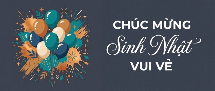 Vietnamese happy birthday background banner with balloons gold paint splash chuc mung sinh nhat vui ve text festive greeting card party event celebration poster typography template horizontal illustra