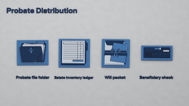 A probate document comparison links the estate inventory and will to distribution under a court order, with a subrogation claim reserved before the beneficiary check is issued. Flat 3D style.