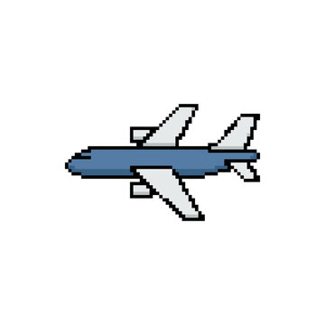 Grey and blue pixel art jet airplane icon for digital games.