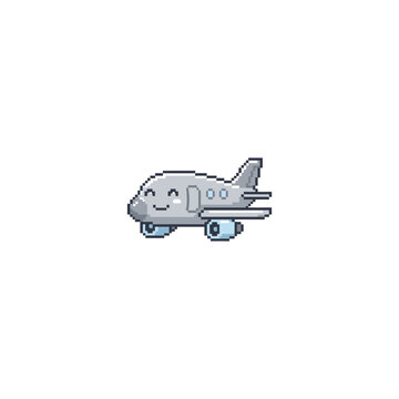 Grey pixel art airplane character smiling in flight.
