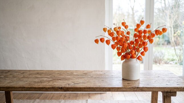 Vase with dried winter cherry physalis orange lanterns on wooden table against white wall. Interior decor background