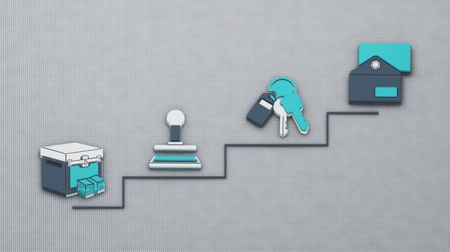 Escrow closing proceeds through funding, lien release to clear title, and indemnity protection to secure completion, with the deed and keys completing the sequence. Flat 3D style.