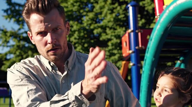 man scolding child on playground, pointing hand forward with strict expression. Father shows anger and authority while child listens near colorful equipment in sunny park setting.