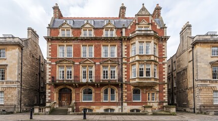 Fototapeta premium A grand, ornate red brick building with intricate architectural details, multiple windows, and decorative gables, flanked by simpler stone structures under an overcast sky.