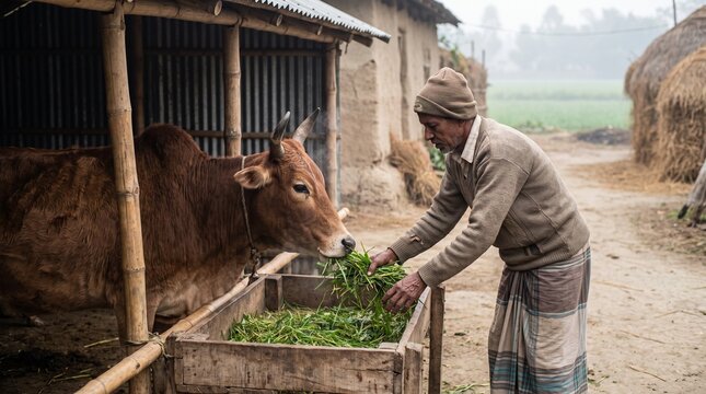 South Asian farmer (Homo sapiens) feeding a domestic humped cow or zebu (Bos taurus indicus) with fresh green grass inside a rustic rural barnyard in Bangladesh.