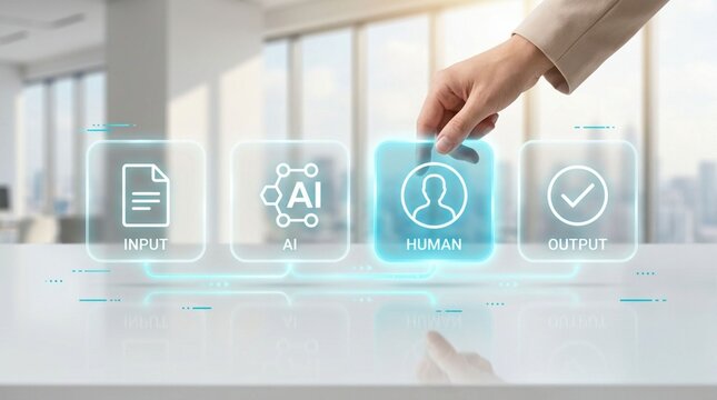 Businessman Hand Selecting Human Icon in Digital AI Workflow Process with Input and Output Icons