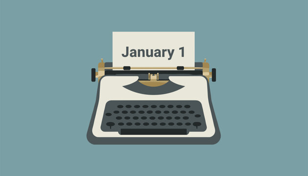 Classic vintage typewriter with a white paper sheet displaying the text January 1 over a solid blue background.