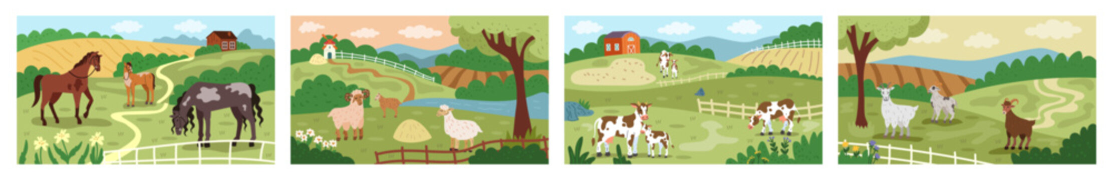 Farm landscape. Green hills, grazing sheep, horse. Cows, goat in rural scene. Animal in countryside. Livestock in meadow. Garden village, summer natural environment. Horizontal vector tidy background