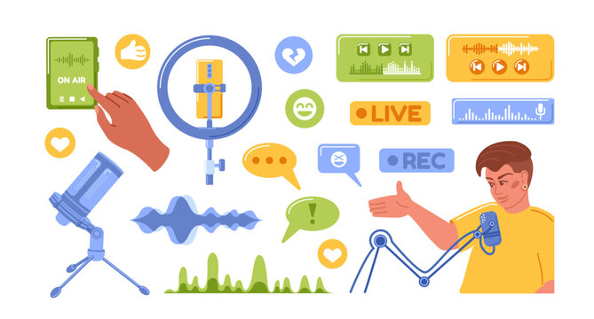 Podcast online. Live streaming on screen. Smartphone concept. Person holds phone in hand. TV app, social media post. Promote, repost news broadcasting. Vector icon cartoon flat isolated illustration