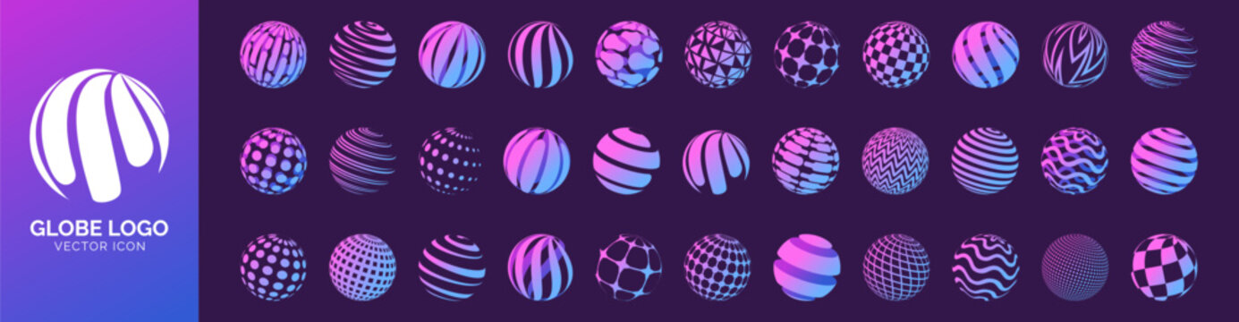 Global icon. Logo Earth. World planet. Sphere shape. Sign map, technology element round. Corporate cyberspace data. Network orbit, digital futuristic communication. Vector garish emblem isolated set