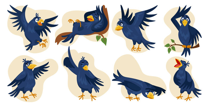 Crow. Raven character. Comic bird in different poses and emotions. Cartoon mascot with beak, wing. Forest animal in flying. Feathered creature for kids. Winged being. Vector tidy wildlife illustration