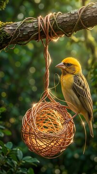 Photorealistic macro of Baya weaver bird diligently constructing an intricate glowing nest from fine copper wire and metallic gold threads, cozy home and interior wall art print concept with vertical 