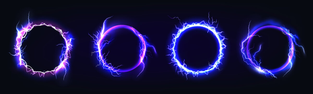 Light frame round. Neon electric ring. Circle glow bolt, energy border with lightning arcs on dark background. Thunder flash light. Flame 3D modern digital graphic. Thunderstorm ray vector neon design