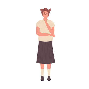 Nerd girl in thinking pose. Confused geek female teenager vector illustration