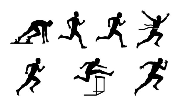 Dynamic running silhouettes, athletic men in various sprint poses, track and field vector set