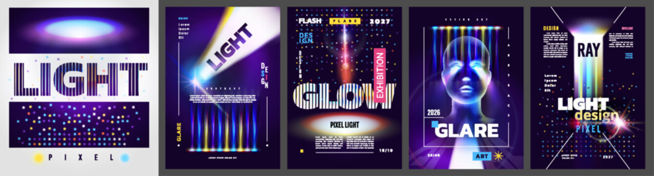 Light ray poster. Holographic glow. Pixel glare, spotlight show for music, DJ. Beam in eyes, future technology. Neon flash, futuristic advertising. Vector design exact illumination backgrounds set