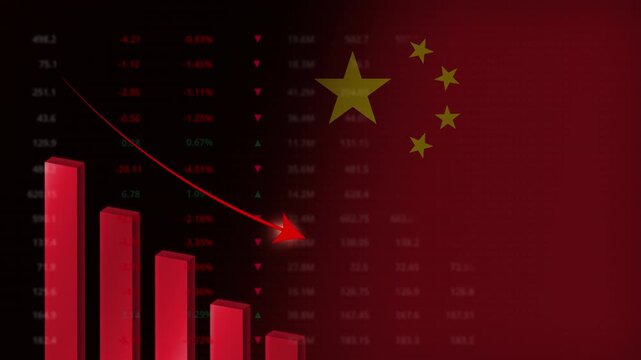 Economic crisis in China.Red falling graph animation with Chinese flag.Stock market crash