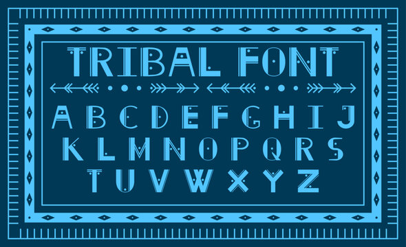 Aztec alphabet. Letter African ornament. Native calligraphy typography. Tribal font. ABC ethnic symbol. Stylized Mexican type, text for branding, packaging, posters. Vector traditional garish typeface