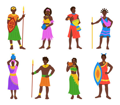 Aborigines set. African people. Tribal character. Traditional warrior. Native ethnic man, woman standing. Ritual, indigenous ethnic folklore clothes. Vector tidy cartoon flat isolated illustration