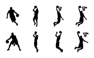 Basketball Player Silhouettes: Dribbling, Shooting, Dunking, and Slam Dunking Actions Vector Set © Mahata