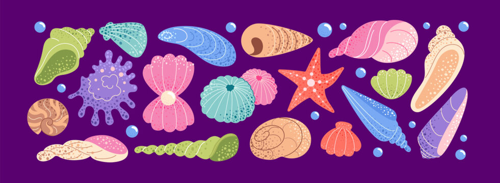 Seashell. Pearl in water. Doodle mollusks. Tropical sea animal conches. Clams of ocean. Cute underwater, colorful marine mussel texture. Vector summer decor cartoon flat style isolated illustration
