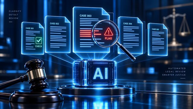 Automated legal review concept featuring an AI processing core and a magnifying glass finding a flagged document among digital case files with a judge gavel