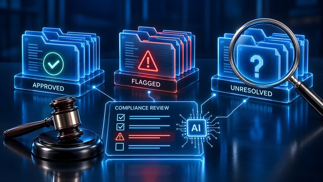 AI compliance review interface displaying approved, flagged, and unresolved digital documents with a judge gavel and magnifying glass