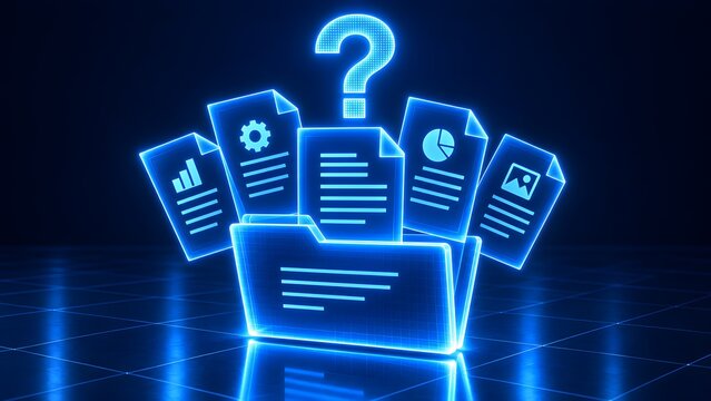 Glowing blue digital folder containing various document icons under a large question mark representing lost data or information search