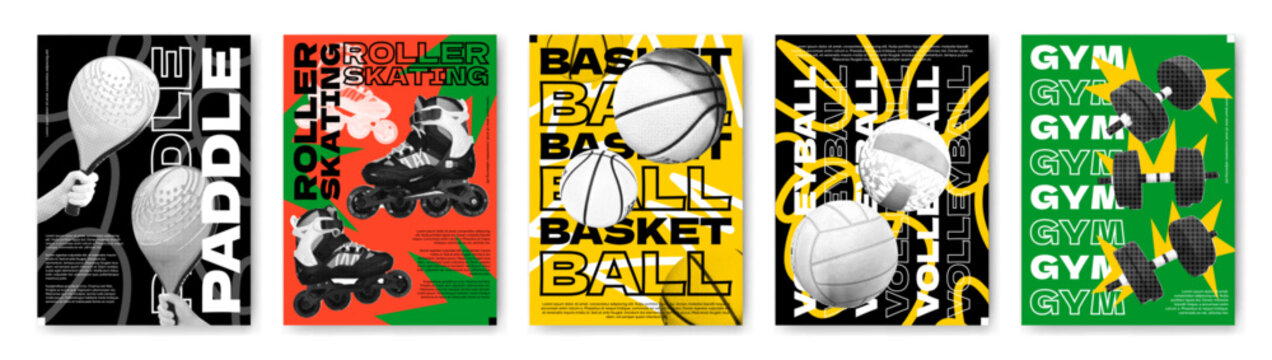 Collage sports. Halftone basketball, tennis. Template volleyball ball. Poster dumbbell gym, roller skates. Vintage dot texture doodles, promotion graphics. Vector garish creative isolated illustration