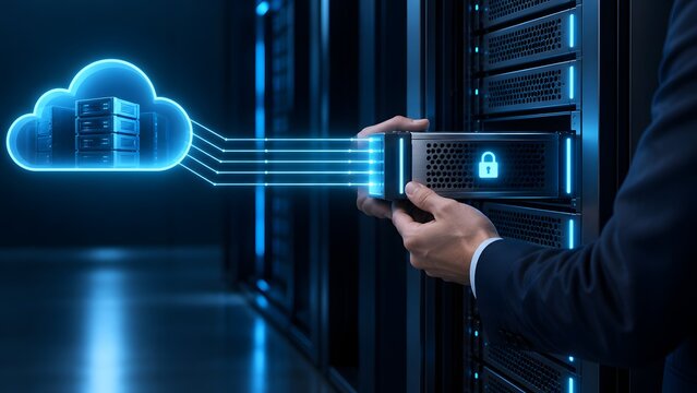 IT technician installing a secure server blade connected to a glowing digital cloud network representing data center storage