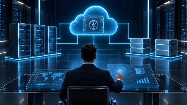 Cybersecurity analyst working at a glowing command desk monitoring cloud data storage with a digital safe vault icon in a server room