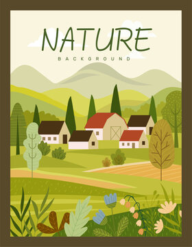 Countryside village landscape. Background design with farm houses, trees, fields and hills under sky, rural nature scenery and seasonal agriculture. Vector cartoon flat style isolated illustration