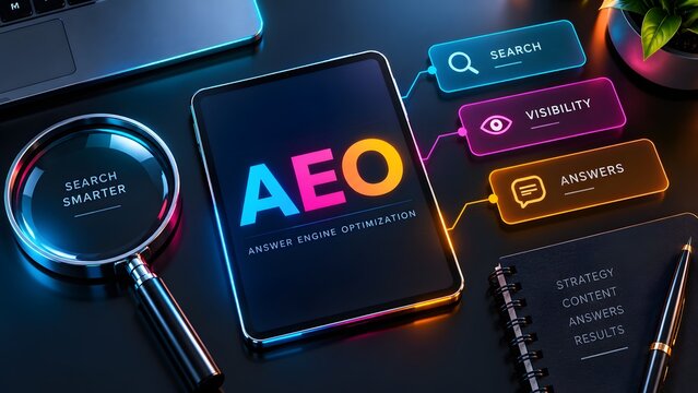 Tablet displaying Answer Engine Optimization text with digital search visibility icons and strategic planning notebook