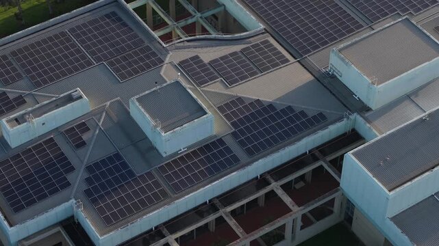 Melbourne, VIC, Australia - 03 September 2026: Aerial view of solar panels installed on the roof of the Knox Data Centre.