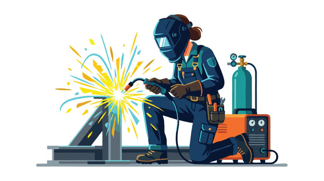 Female Welder Working with Industrial Metal and Sparks Vector Illustration