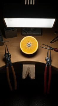 Sliced orange with clockwork gear inside resting on a jeweler workbench with tools