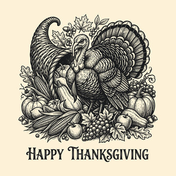 Detailed thanksgiving turkey and cornucopia engraving with happy thanksgiving text.