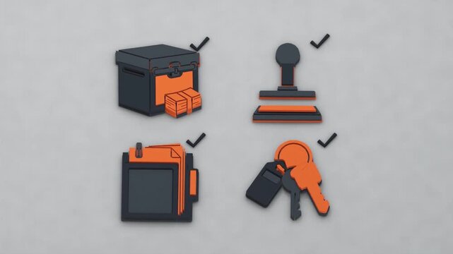 Escrow funds, lien release, title records and indemnity are accounted for individually as the parties prepare to close the property transaction. Flat 3D style.