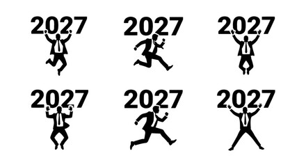 Fototapeta premium 2027 Year Icons, Business People Celebrating New Year, Dynamic Figures Jumping and Running