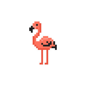 Pink pixel art flamingo bird icon.