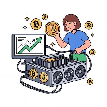 Woman mining cryptocurrency with hardware rig and rising profit chart