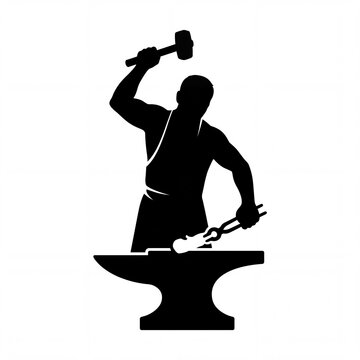 Blacksmith silhouette forging metal with hammer on anvil