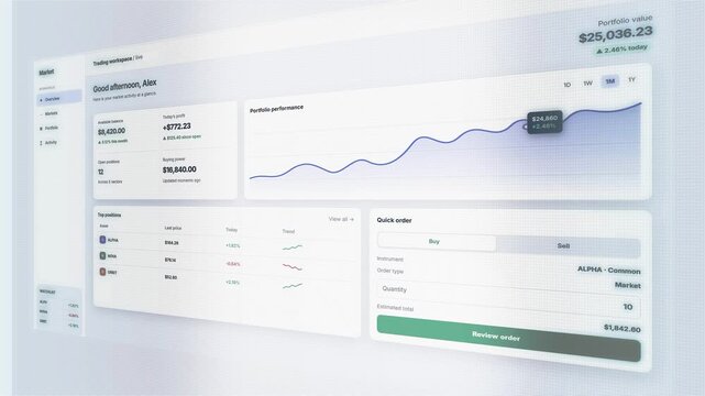 Modern stock market analytics dashboard UI animation with live trading statistics and price curves. Financial trading interface animation with active candlestick charts and live price fluctuations.