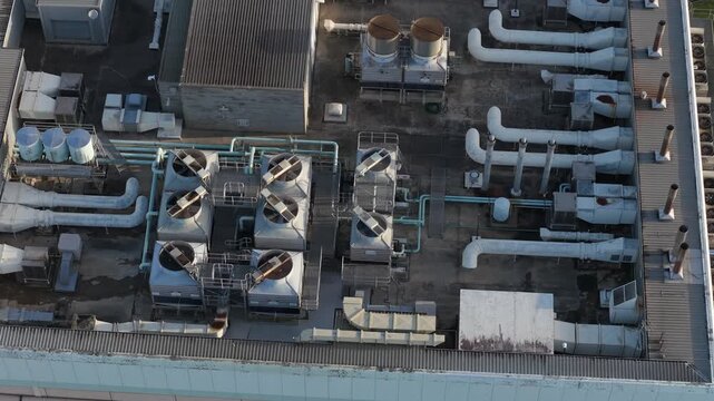 Melbourne, VIC, Australia - 03 September 2026: Aerial view of the Knox Data Centre rooftop featuring industrial HVAC cooling fans and extensive ventilation ductwork systems.
