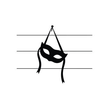 Venetian masquerade mask silhouette hanging on wall. Black carnival eye mask with ribbons. Minimalist theater mask vector illustration. silhouette vector